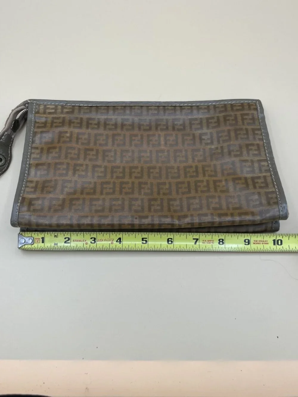 Fendi Vintage Zucca Pattern Clutch Bag With Zipper Closure & Brown/Gray Leather